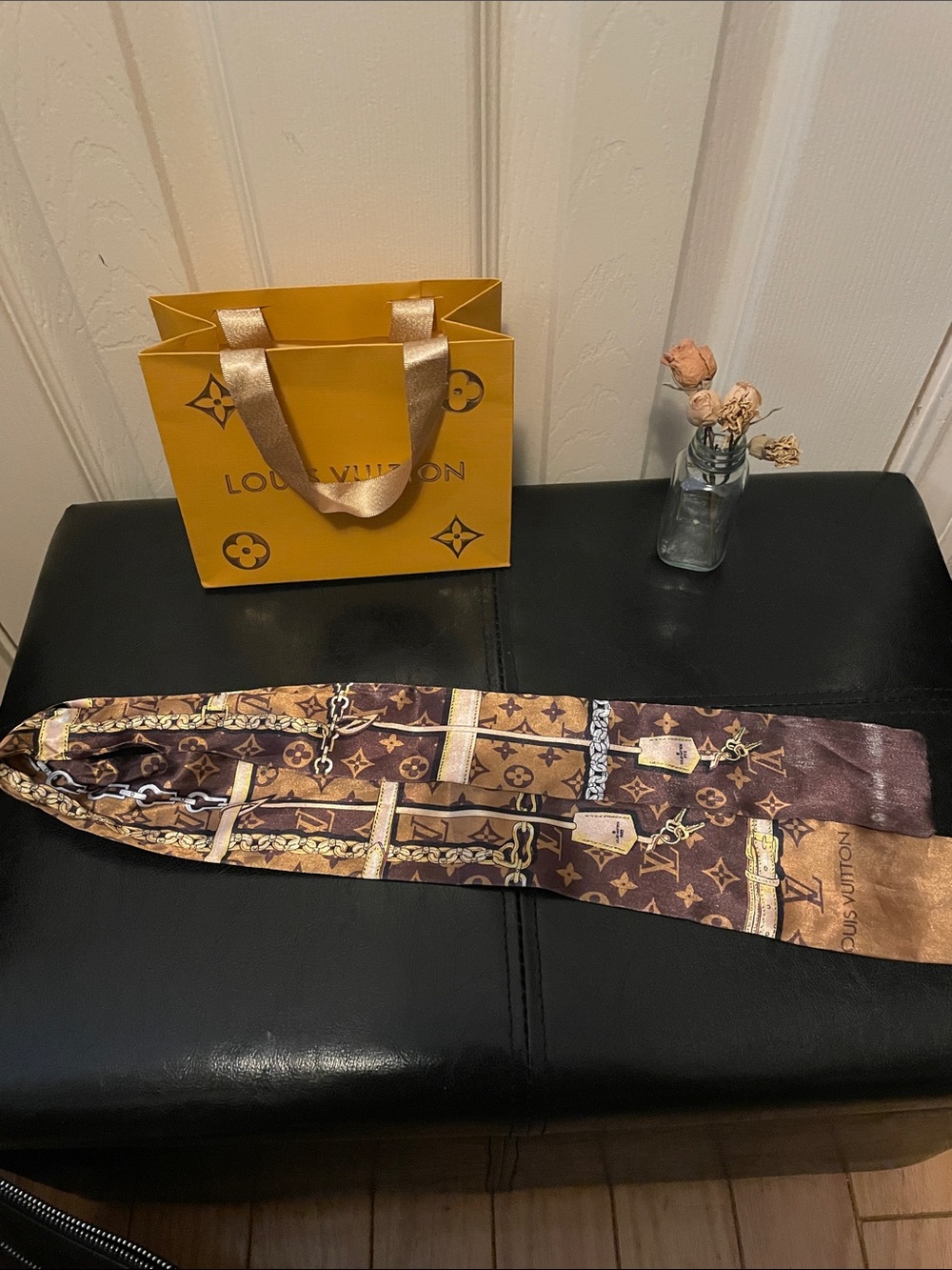 Fashion  Brown and Gold Monogram Silk Twilly. Closet clearout no returns.